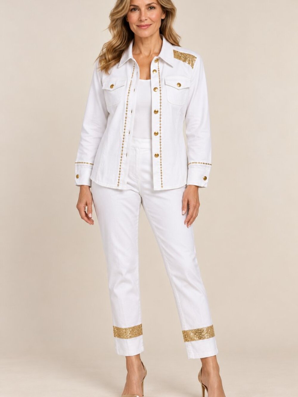 White Sequin-Trim Denim Jacket & pants